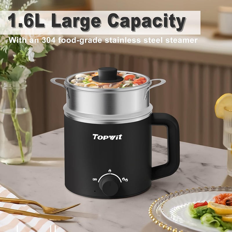 TopWit Hot Pot Electric with Steamer, 1.6L Ramen Cooker, Electric Pot for Pasta, Shabu-Shabu, Oatmeal, Soup and Egg, Portable Cooker with Dual Power Control, Dorm Room Essentials, Black - Image 3